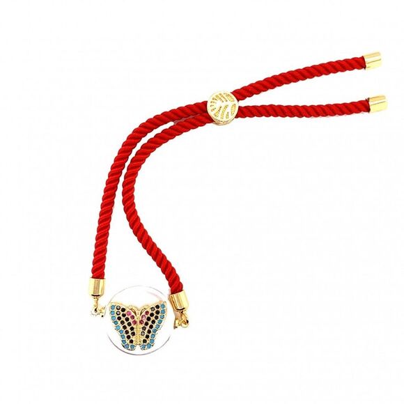 Gold Plated CZ Butterfly Red Macrame Bracelet - Picture 1 of 10